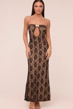 Rebellious Fashion Black Lace Bandeau Metal Trim Maxi Dress - Lucy