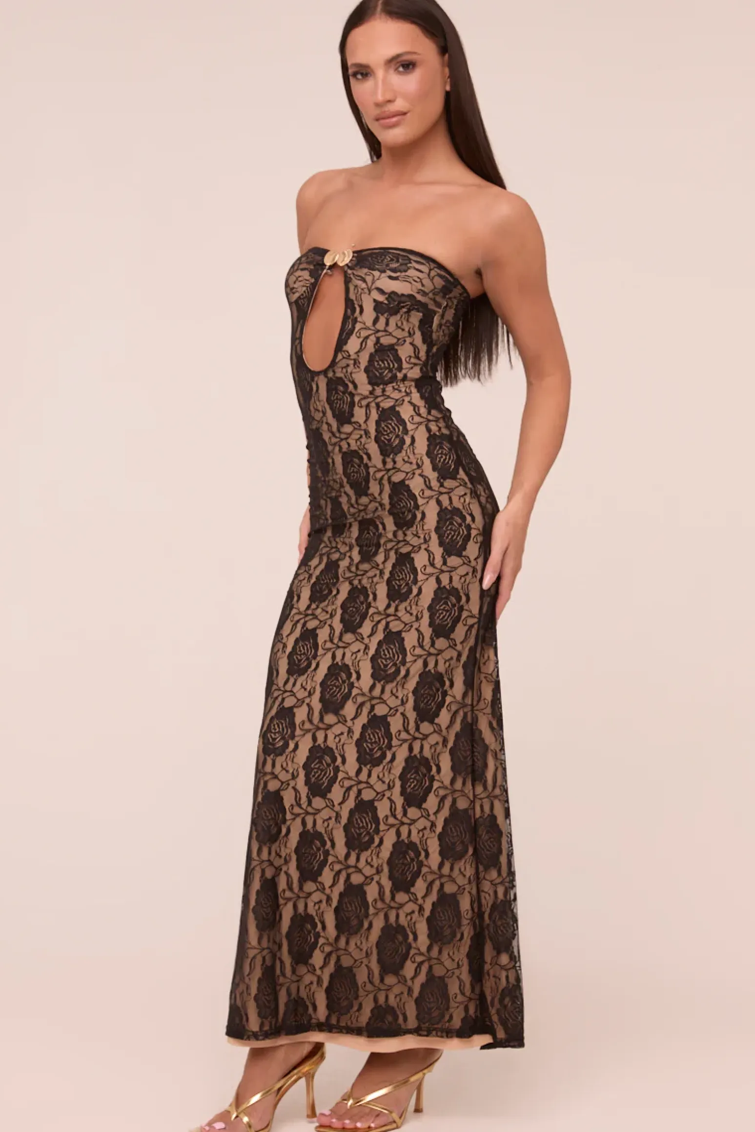 Rebellious Fashion Black Lace Bandeau Metal Trim Maxi Dress - Lucy