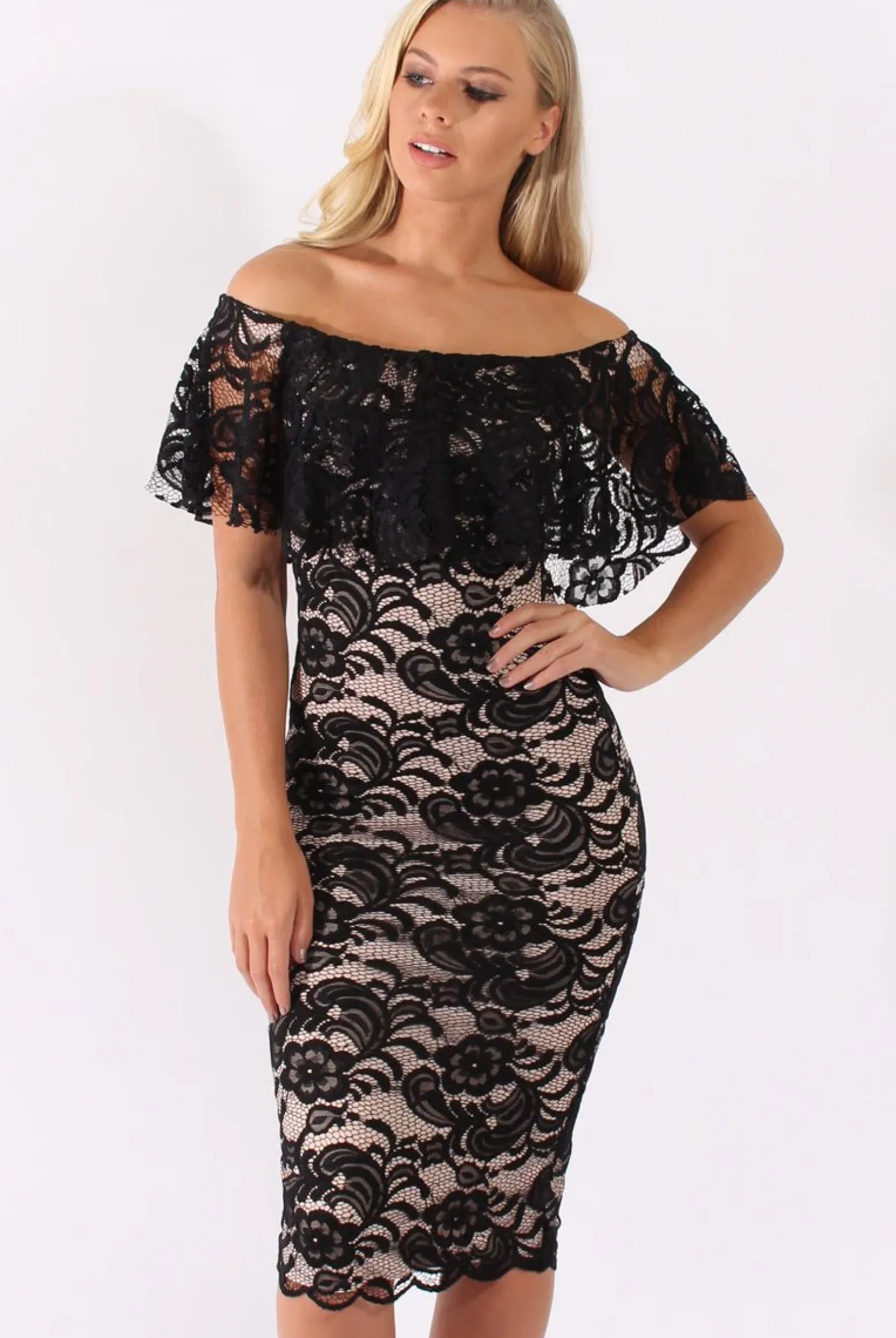 Rebellious Fashion Black Lace Bardot Frill Midi Dress - Keysha