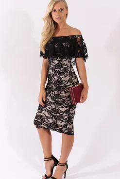 Rebellious Fashion Black Lace Bardot Frill Midi Dress - Keysha