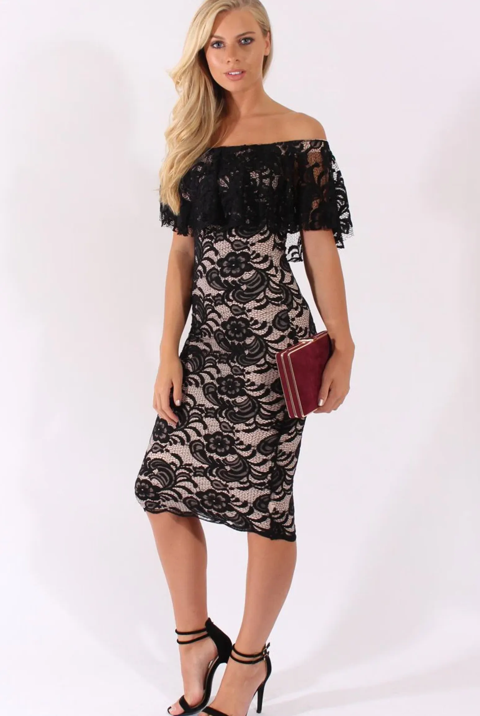 Rebellious Fashion Black Lace Bardot Frill Midi Dress - Keysha