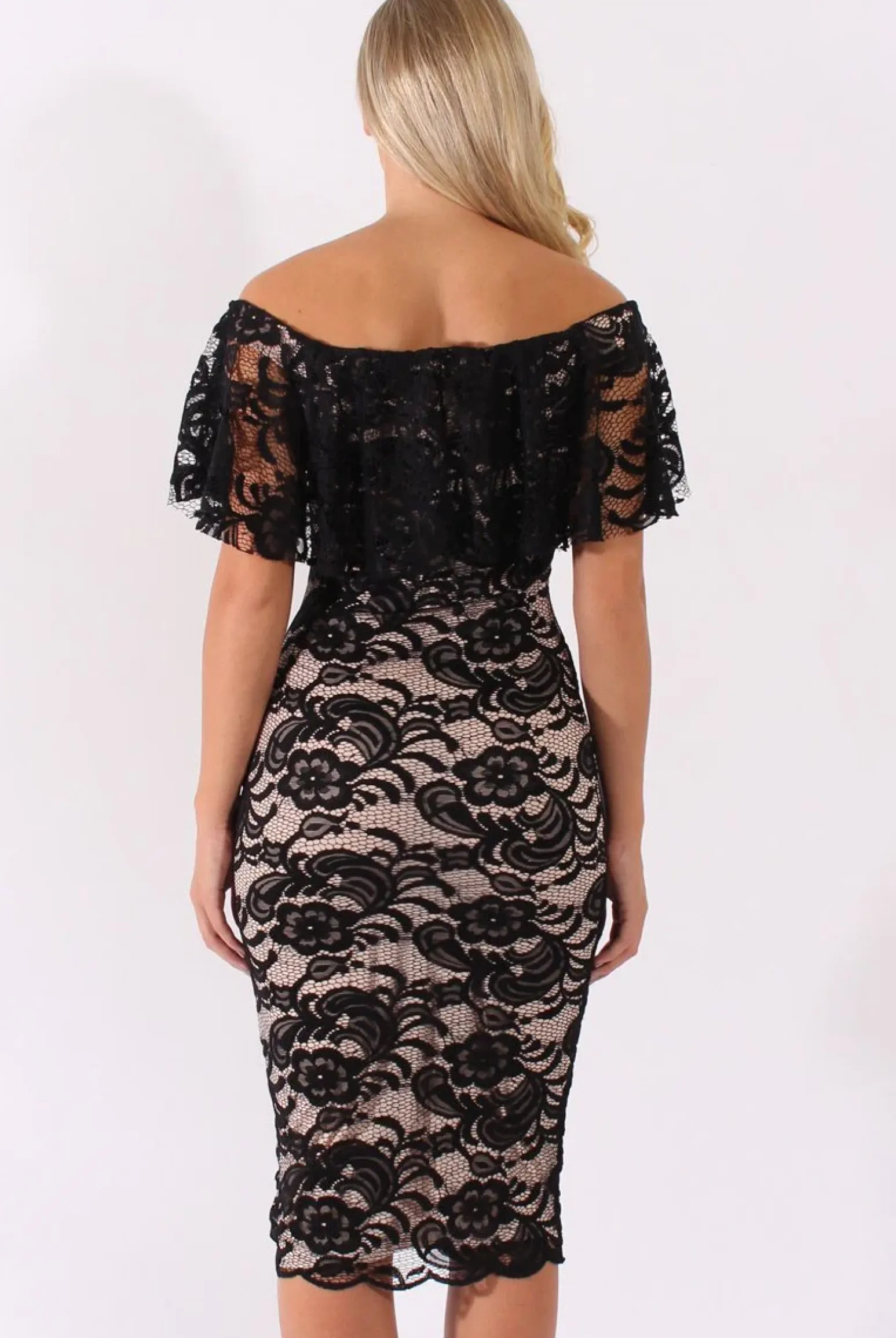 Rebellious Fashion Black Lace Bardot Frill Midi Dress - Keysha