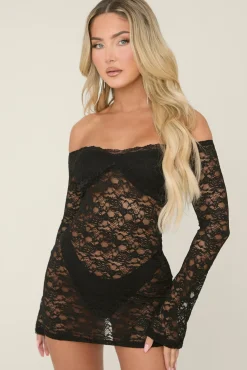 Rebellious Fashion Black Lace Bardot Long Sleeve Mini Dress - Bex