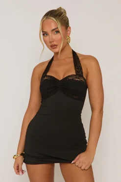 Rebellious Fashion Black Lace Cup Halterneck Mini Dress - Giorgia