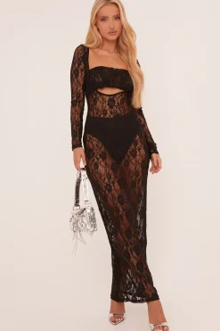 Rebellious Fashion Black Lace Cut Out Detail Maxi Dress - Joshua
