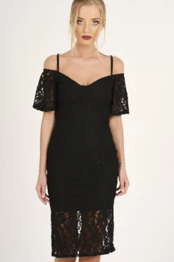 Rebellious Fashion Black Lace Cut Shoulder Midi Dress - Brodi