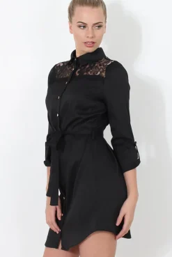 Rebellious Fashion Black Lace Detail Shirt Dress- Elvi