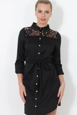 Rebellious Fashion Black Lace Detail Shirt Dress- Elvi
