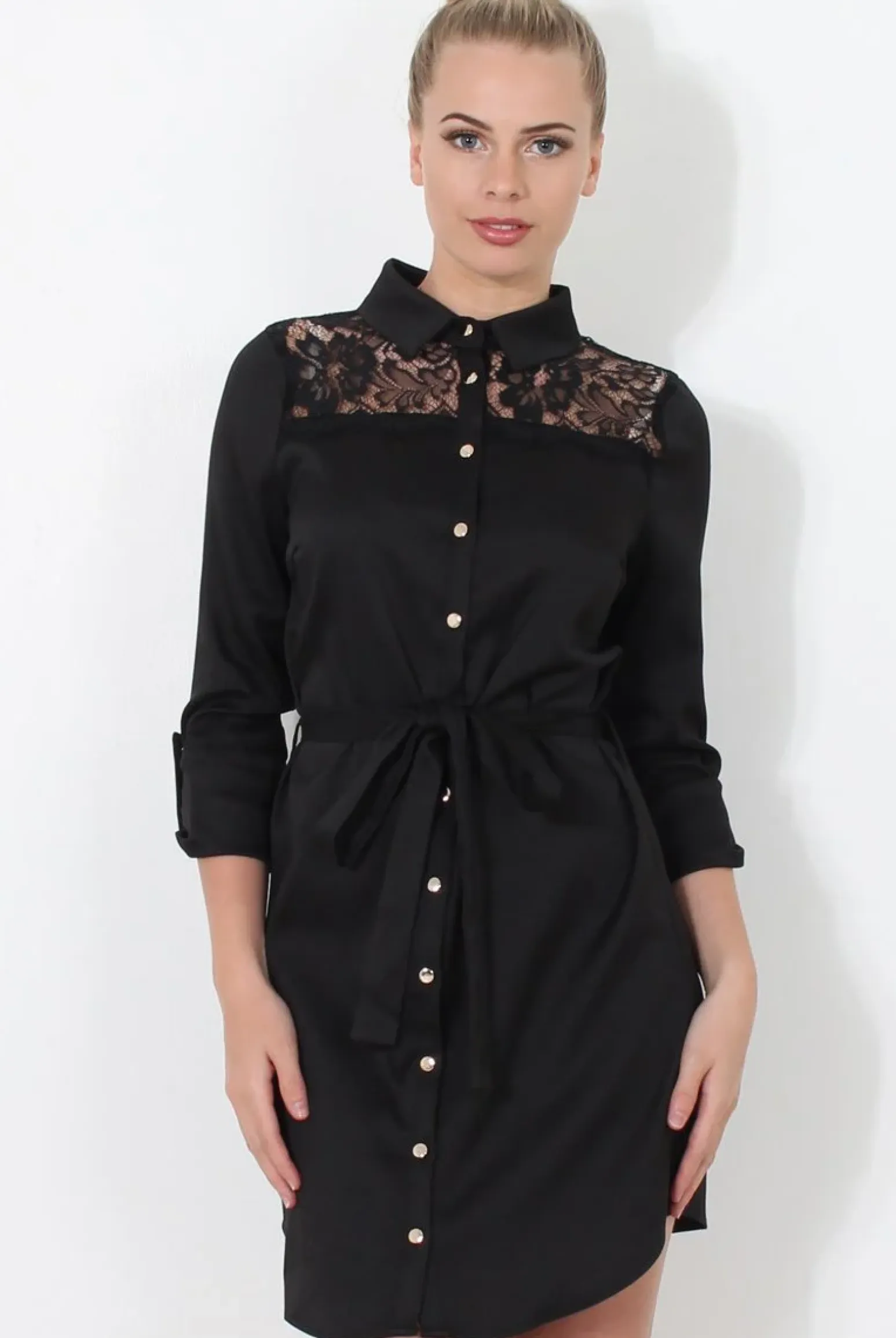 Rebellious Fashion Black Lace Detail Shirt Dress- Elvi
