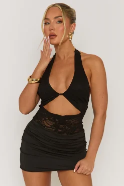 Rebellious Fashion Black Lace Draped Halterneck Mini Dress - Santina
