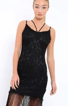 Rebellious Fashion Black Lace Dress with Long Tassel Hems - Zana