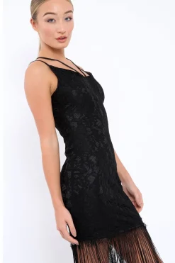 Rebellious Fashion Black Lace Dress with Long Tassel Hems - Zana