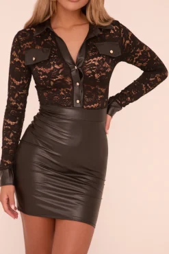 Rebellious Fashion Black Lace Faux Leather Long Sleeves Mini Dress - Veyda