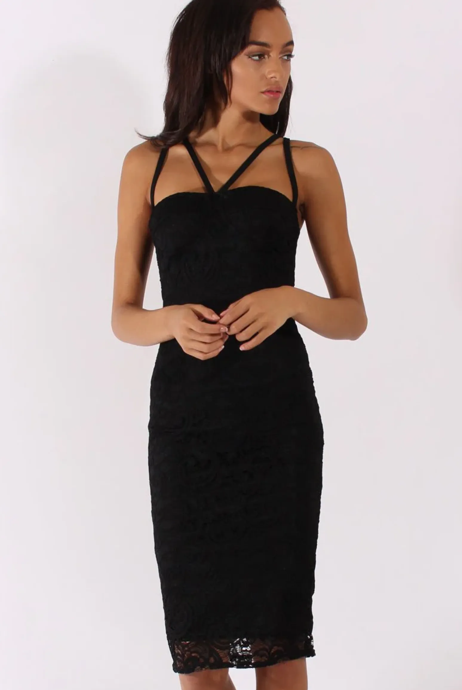 Rebellious Fashion Black Lace Harness Midi Dress - Elspeth