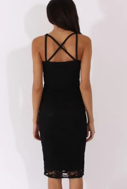 Rebellious Fashion Black Lace Harness Midi Dress - Elspeth