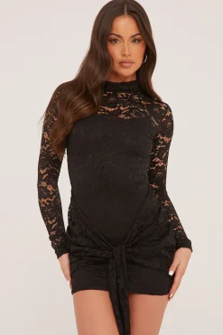 Rebellious Fashion Black Lace High Neck Tie Front Mini Dress - Tianne