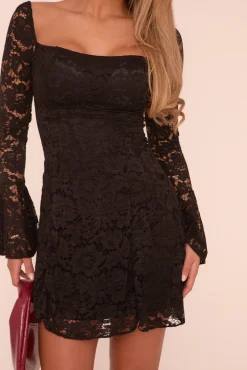 Rebellious Fashion Black Lace Long Sleeve Mini Dress - Lennox