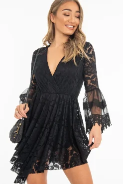 Rebellious Fashion Black Lace Plunge Wrap Bell Sleeve Mini Dress - Kristina