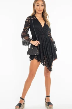 Rebellious Fashion Black Lace Plunge Wrap Bell Sleeve Mini Dress - Kristina