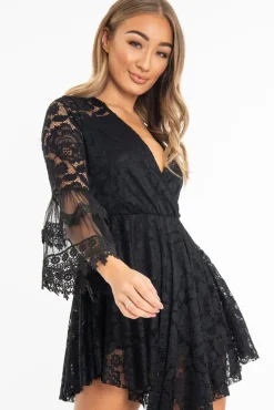 Rebellious Fashion Black Lace Plunge Wrap Bell Sleeve Mini Dress - Kristina
