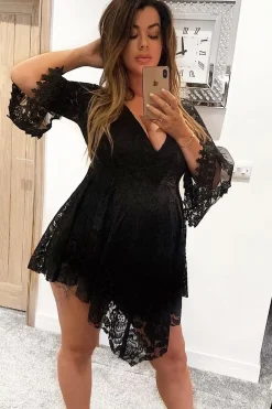 Rebellious Fashion Black Lace Plunge Wrap Bell Sleeve Mini Dress - Kristina