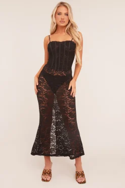 Rebellious Fashion Black Lace Sheer Corset Detail Maxi Dress - Charmaine