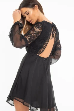 Rebellious Fashion Black Lace Sheer Detail Plunge Skater Dress - Mayci
