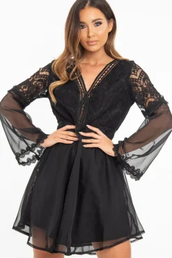 Rebellious Fashion Black Lace Sheer Detail Plunge Skater Dress - Mayci