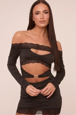 Rebellious Fashion Black Lace Trim Bardot Cut Out Detail Long Sleeves Mini Dress - Nela
