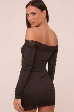 Rebellious Fashion Black Lace Trim Bardot Cut Out Detail Long Sleeves Mini Dress - Nela