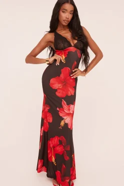 Rebellious Fashion Black Lace Trim Floral Print Maxi Dress - Lelia