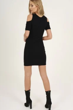 Rebellious Fashion Black Lace Up Cut Shoulder Slogan T-shirt Dress - Afi