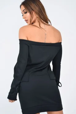 Rebellious Fashion Black Lace Up Detail Bardot Jumper Dress - Aarna