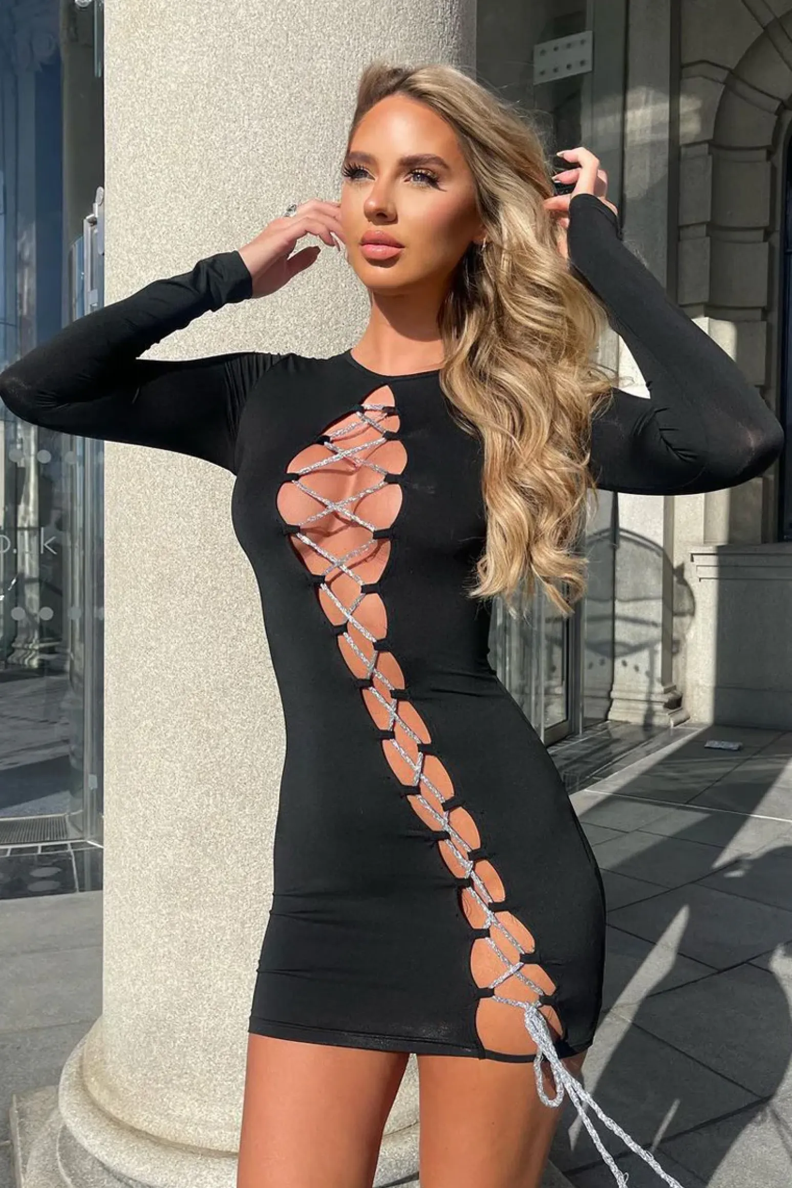 Rebellious Fashion Black Lace Up Detail Long Sleeve Bodycon Mini Dress - Renho