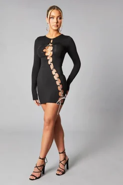 Rebellious Fashion Black Lace Up Detail Long Sleeve Bodycon Mini Dress - Renho