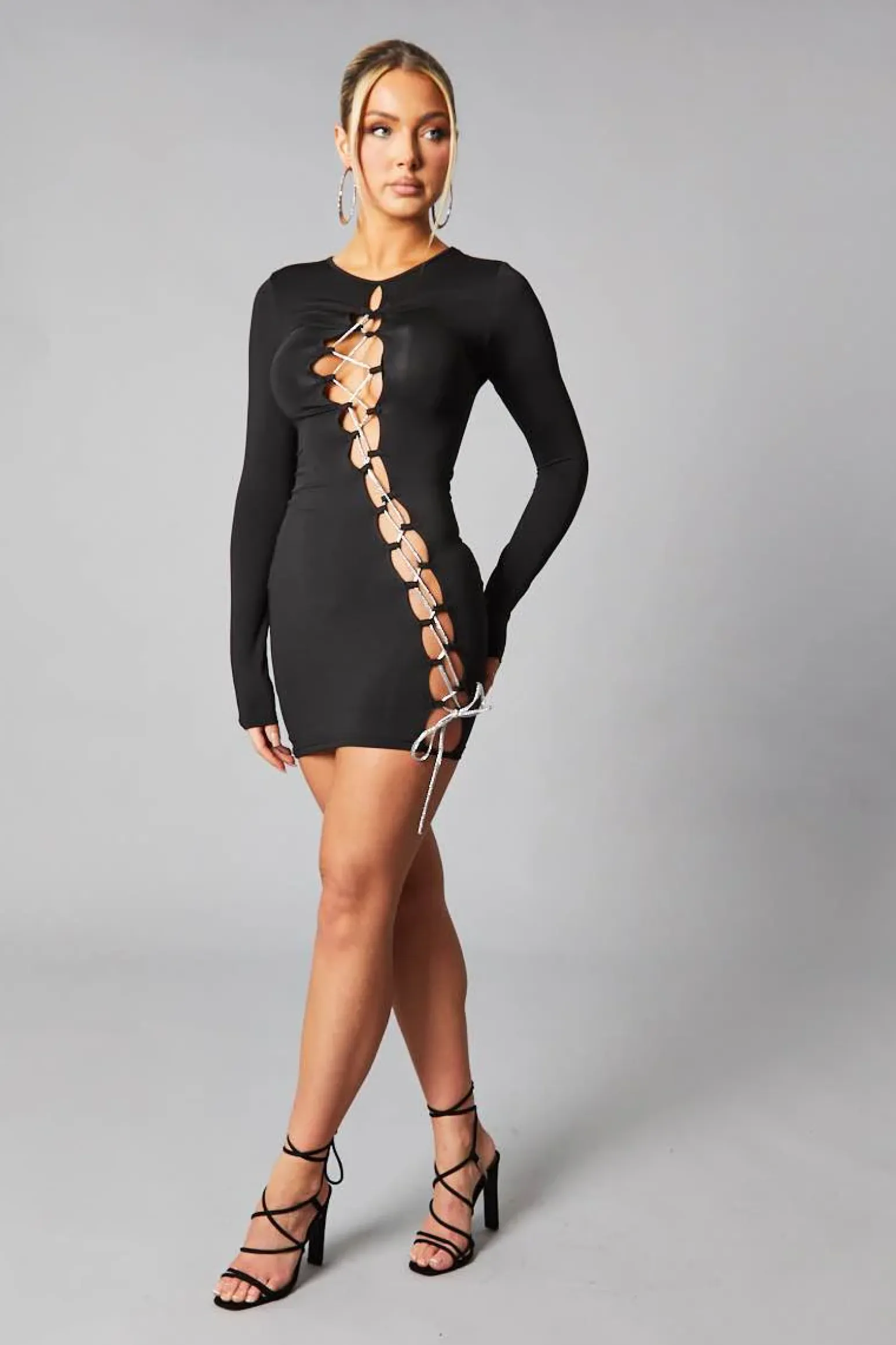 Rebellious Fashion Black Lace Up Detail Long Sleeve Bodycon Mini Dress - Renho