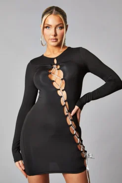 Rebellious Fashion Black Lace Up Detail Long Sleeve Bodycon Mini Dress - Renho