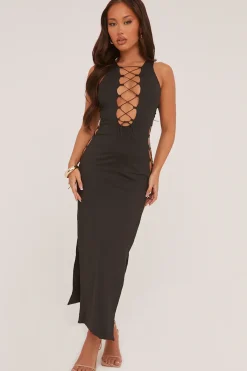 Rebellious Fashion Black Lace Up Detail Maxi Dress - Aish