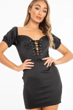 Rebellious Fashion Black Lace Up Detail Satin Mini Dress - Tinslee