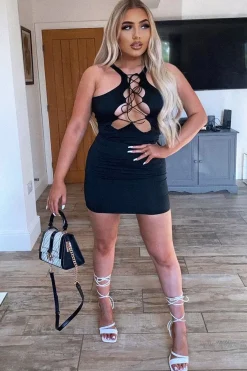 Rebellious Fashion Black Lace Up Details Bodycon Mini Dress - Jovie