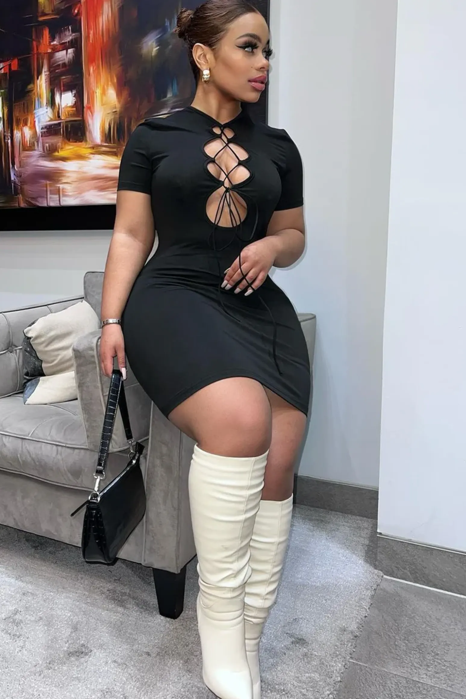 Rebellious Fashion Black Lace Up Front Detail Mini Dress - Charvi