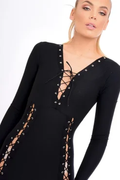 Rebellious Fashion Black Lace up Front Panel Mini Dress - Kathy