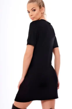Rebellious Fashion Black Lace Up Front T-Shirt Dress - Janel