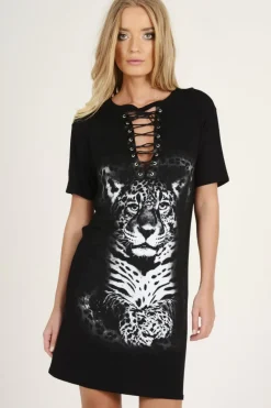 Rebellious Fashion Black Lace Up Tiger T-shirt Dress - Mali