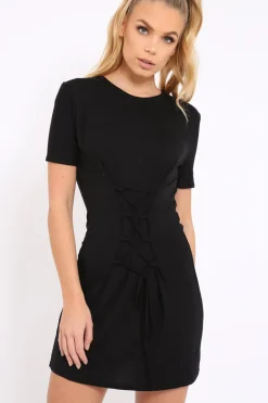 Rebellious Fashion Black Lace Up T-shirt Dress - Tonia