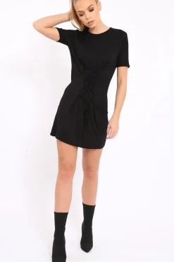 Rebellious Fashion Black Lace Up T-shirt Dress - Tonia