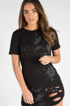 Rebellious Fashion Black Laser Cut Tie Dye T Shirt Dress - Imogen