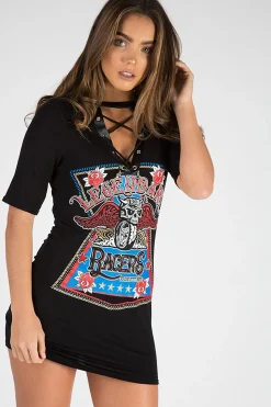 Rebellious Fashion Black Legendary Graphic Lace Up T Shirt Dress - Lolita