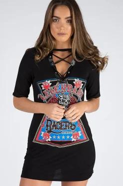 Rebellious Fashion Black Legendary Graphic Lace Up T Shirt Dress - Lolita