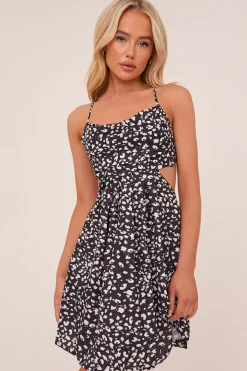 Rebellious Fashion Black Leopard Print Cut Out Back Skater Dress - Miller